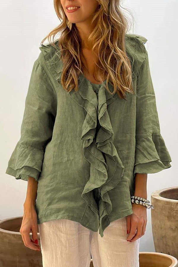 Solid Color V-neck Ruffled Casual Loose Top