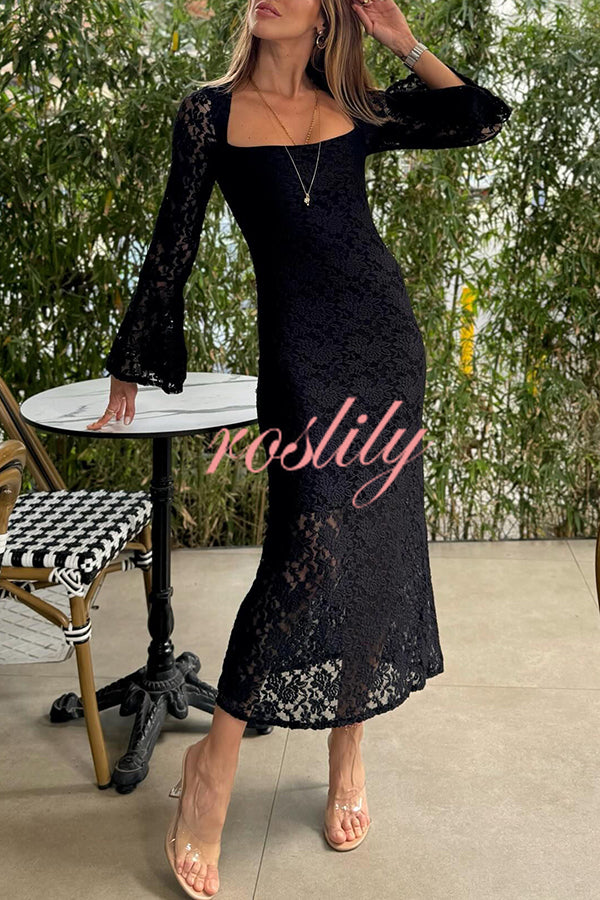 Luxe Lifestyle Lace Square Neck Bell Sleeve Lined Slit Midi Dress