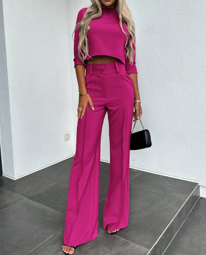 Sculpted Crop Top & High-Waist Wide-Leg Pants Set