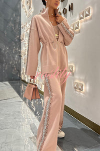 Edan Textured Knit Sequin Patchwork Drawstring Zipper Sweatshirt and Stretch Wide Leg Pants Set