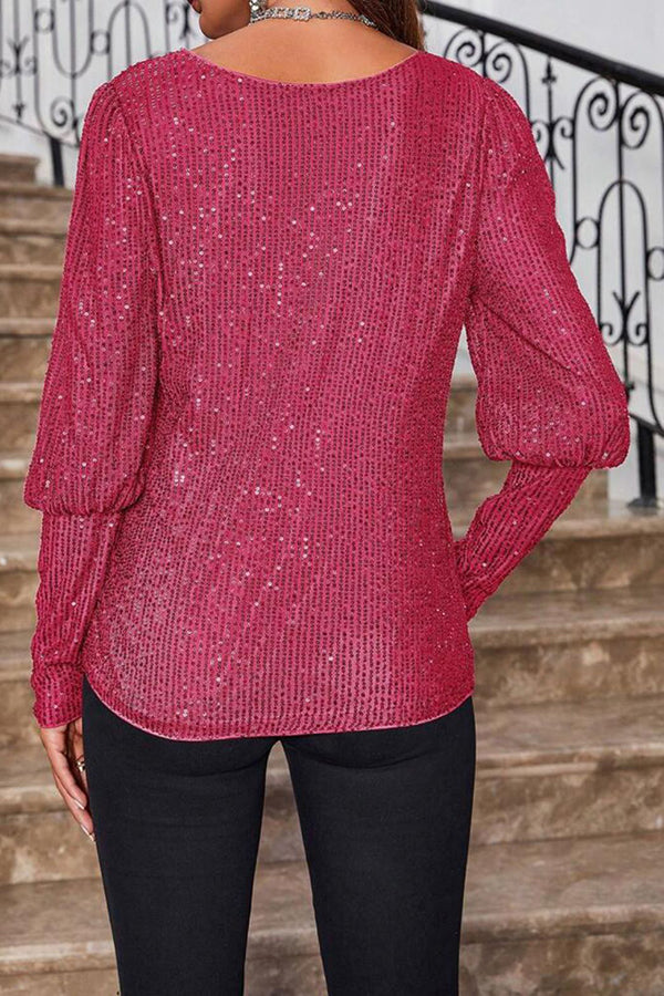 Solid Color Sequined Round Neck Long Sleeve Loose Top