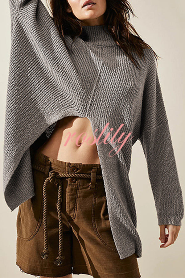 Solid Color Long Sleeve Slit Knitted Sweater