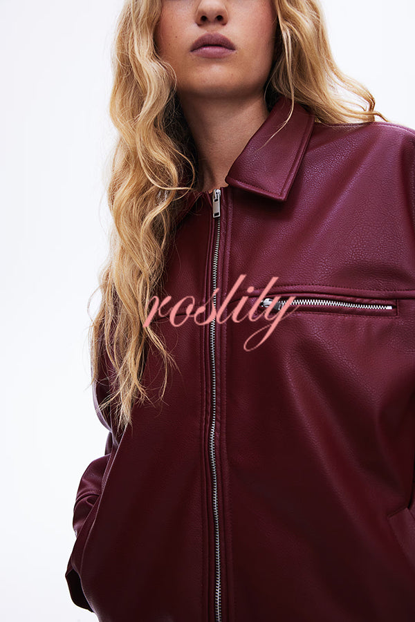 Fashion Lapel Long Sleeve Pocket Zipper Leather Jacket