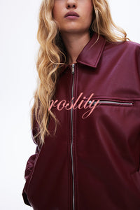 Fashion Lapel Long Sleeve Pocket Zipper Leather Jacket