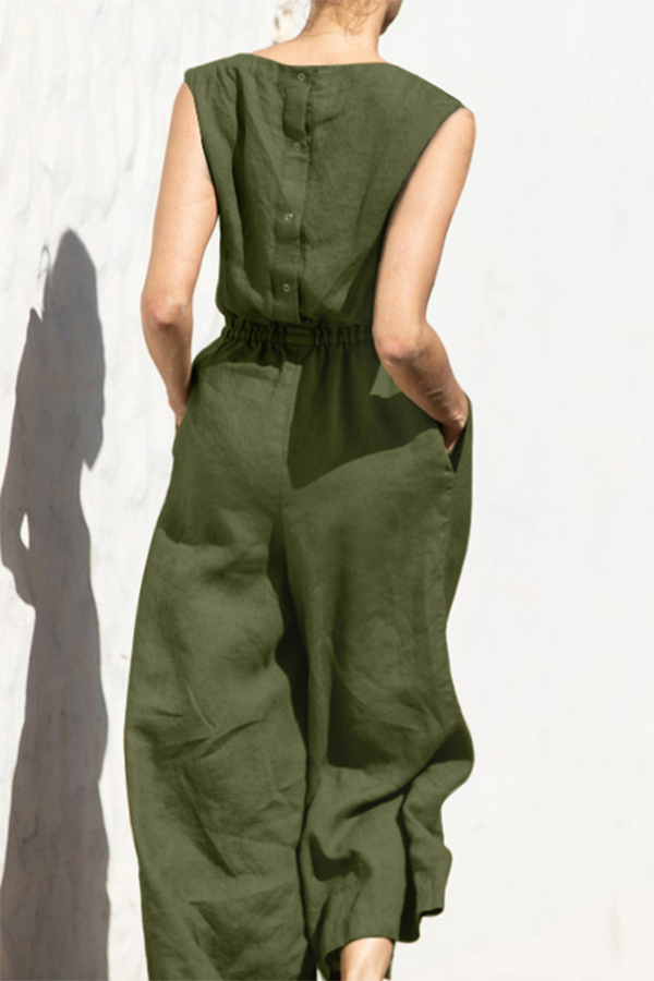 Fern Linen Blend Pocketed Button Back Elastic Waist Jumpsuit