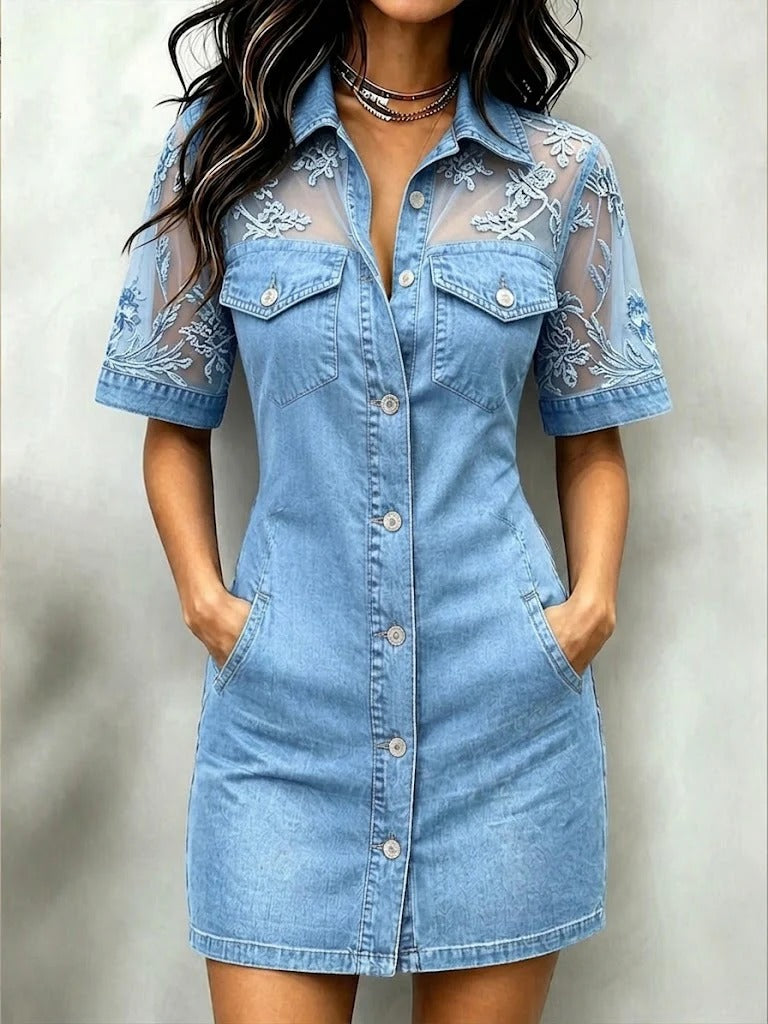 Embroidered Mesh Patchwork Denim Dress