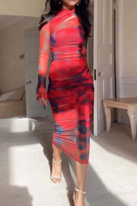 Won The Attention Mesh Tie Dye Ruched Midi Dress