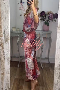 Satin Floral Print V-neck Half-sleeve Loose Top and Elegant Maxi Skirt Set