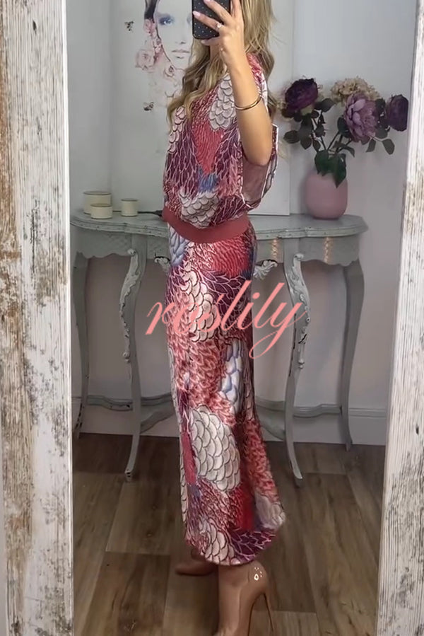 Satin Floral Print V-neck Half-sleeve Loose Top and Elegant Maxi Skirt Set