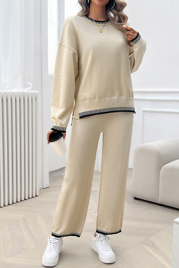 Home Casual Contrasting Color Knitted Sweater and Elastic Waist Loose Pants Set