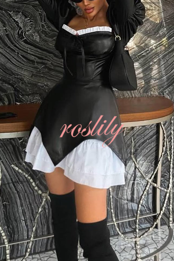 Fashionable Contrast Color Square Neck Long Sleeve Ruffle Hem Mini Dress