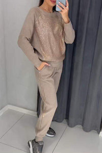 Fashionable Diamond Embellished Casual Round Neck Top and Elastic Waist Loose Pocket Pants Set