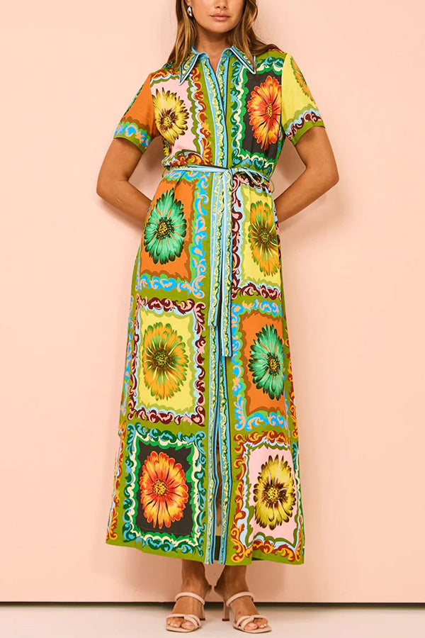 Exaggerated Unique Print Lace Up Button Maxi Dress