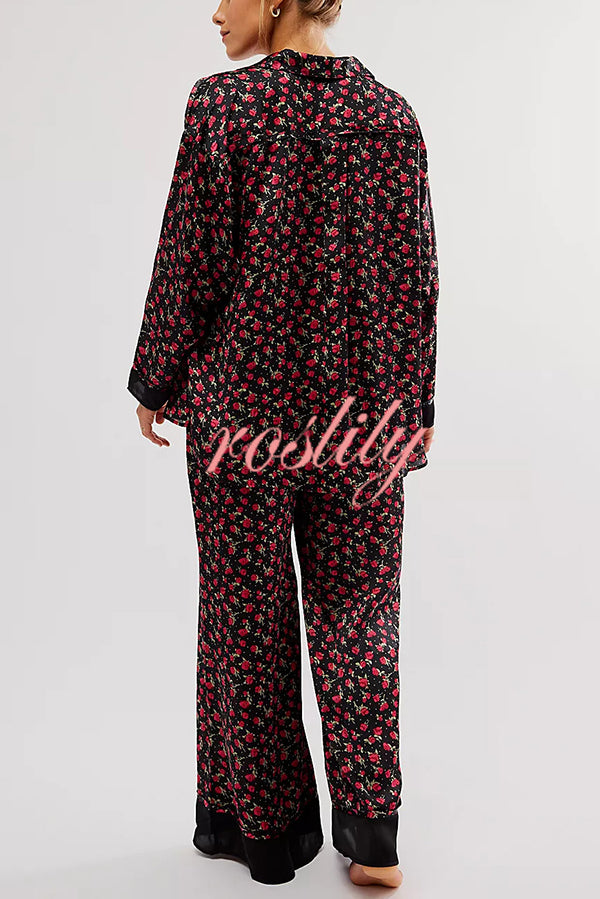 Unique Printed Lounge Long-sleeved Shirt and Elastic Waisted Baggy Pants Set