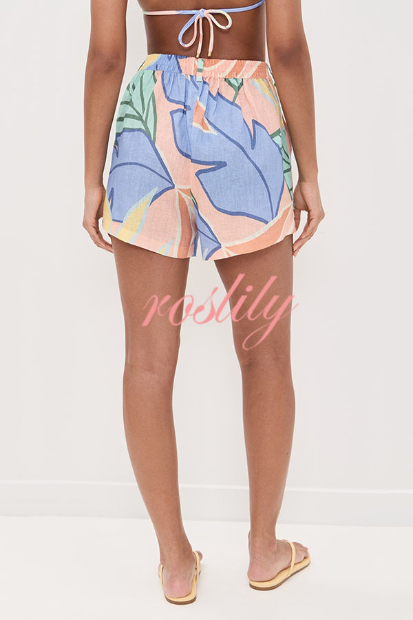 Bella Linen Blend Colorful Unique Print Long Sleeve Blouse and Elastic Waist Pocket Loose Shorts Set
