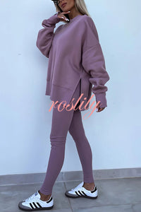 Solid Color Loose Long Sleeve SlitSweatshirt and Elastic Waist Tight Pants Set