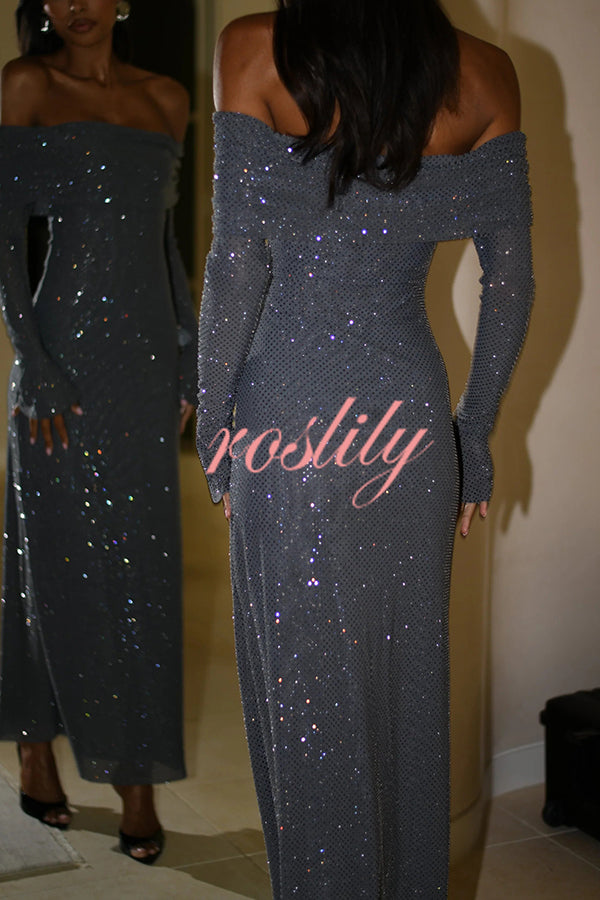 Sexy Shiny Off-The-Shoulder Long-Sleeved Fitted Maxi Dress