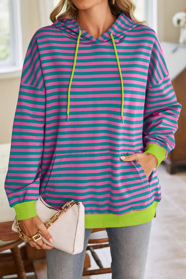 Striped Print Long Sleeve Pocket Loose Hoodie