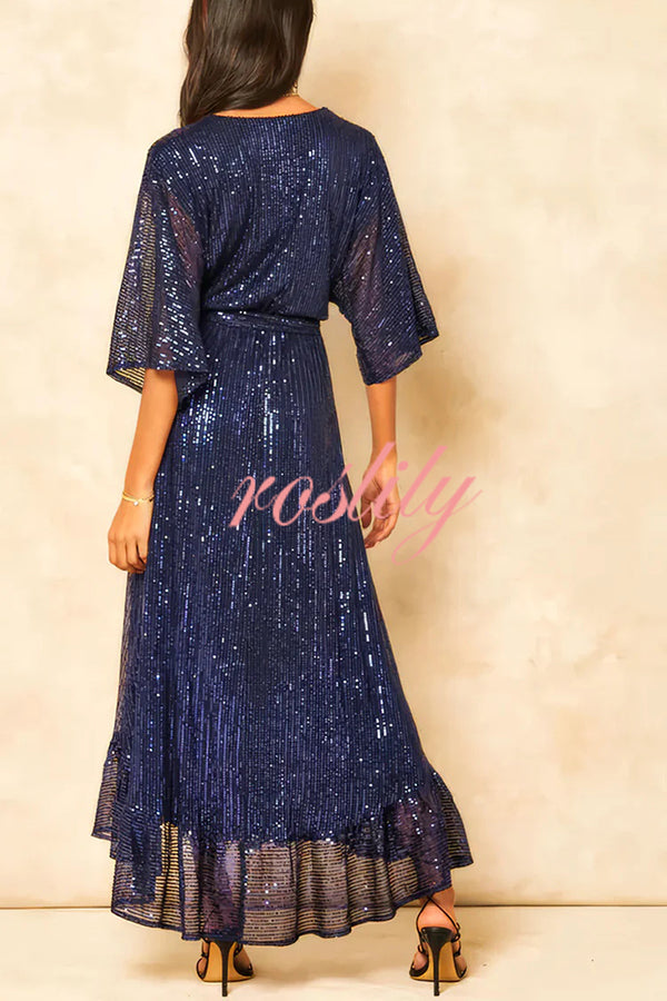 Solid Color Sequined V-neck Waist Tie Loose Maxi Dress