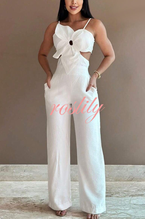 Three-dimensional Flower Accessories Hollow Pocket Jumpsuit