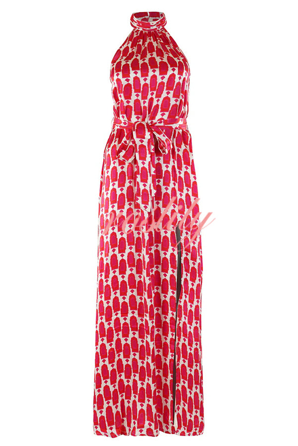 Unique Printed Sleeveless Halterneck Tie-waist Slit Maxi Dress