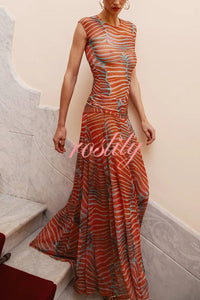 Bella Stretch Mesh Unique Print Bodysuit and High Rise Elastic Waist Maxi Skirt Set