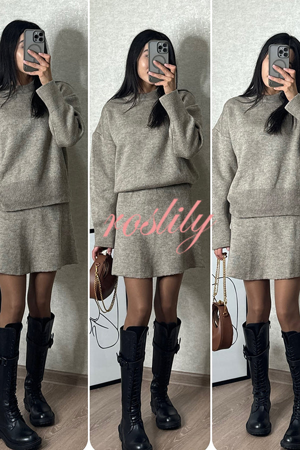 Solid Color Casual Preppy Knit Top and Knit Stretch Mini Skirt Set