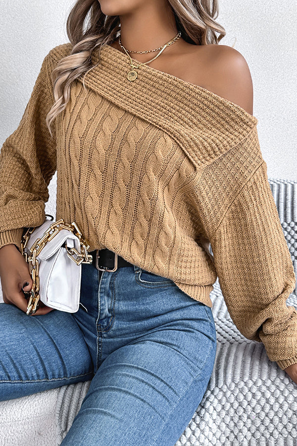 Solid Color Casual One Shoulder Long Sleeve Knitted Sweater