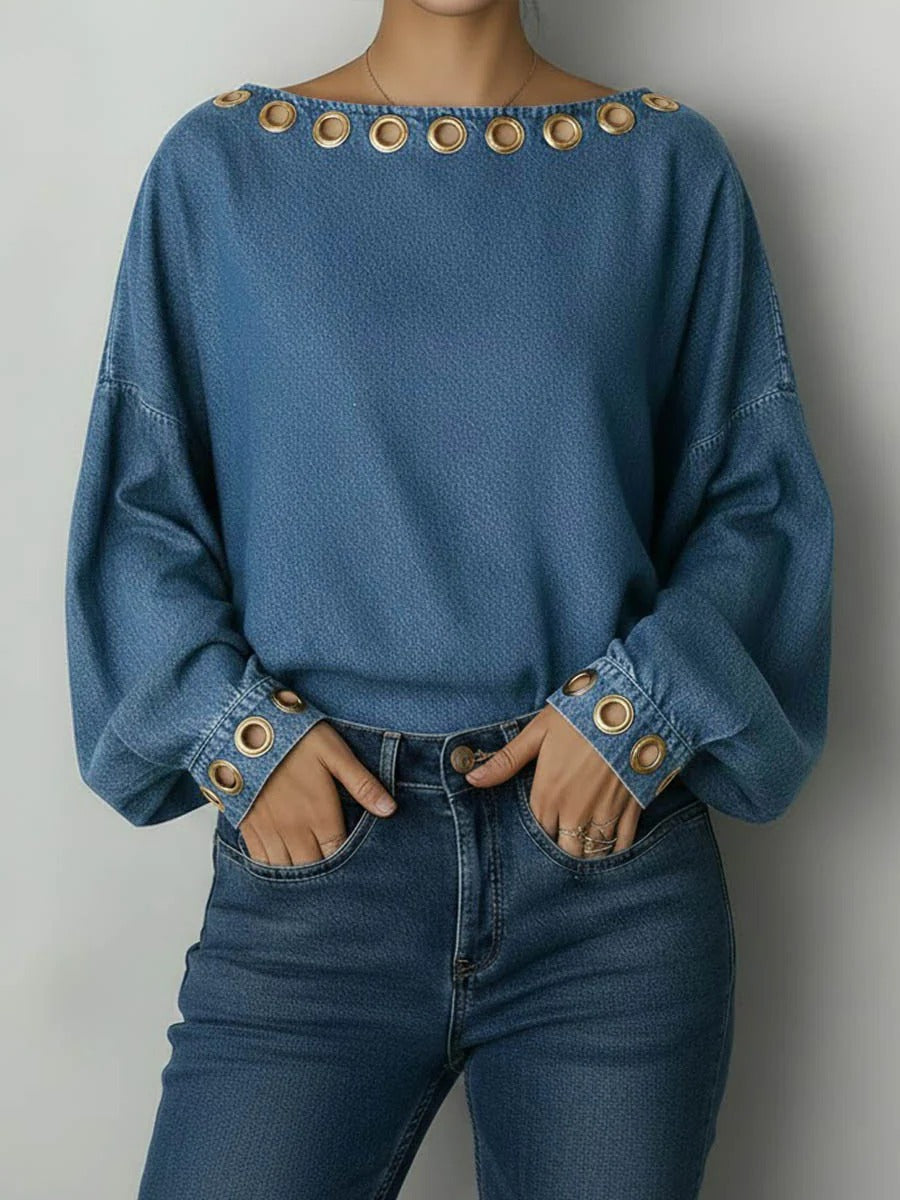Round Neck Metal Eyelet Cutout Design Loose Long-sleeved Denim Top