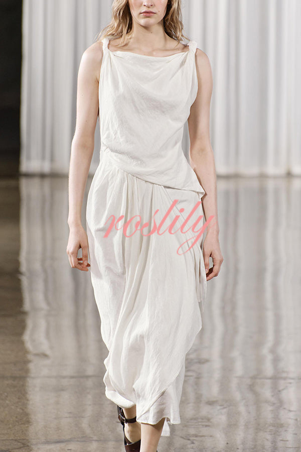 Sculptural Effect Linen Blend Twisted Shoulder Strap Drape Maxi Dress