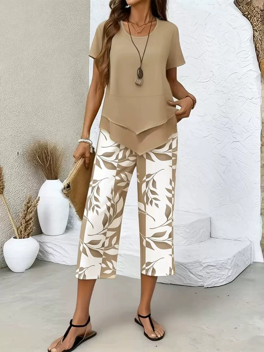 Casual Leaf Print Two-Piece Set