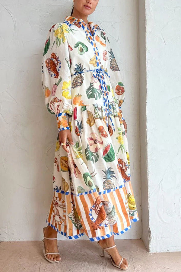 Hopeful Moments Tropical Fruit Print Balloon Sleeve Patchwork Shirt Midi Dress