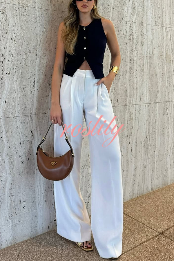 Solid Color Waist Pocket Loose Wide Leg Pants