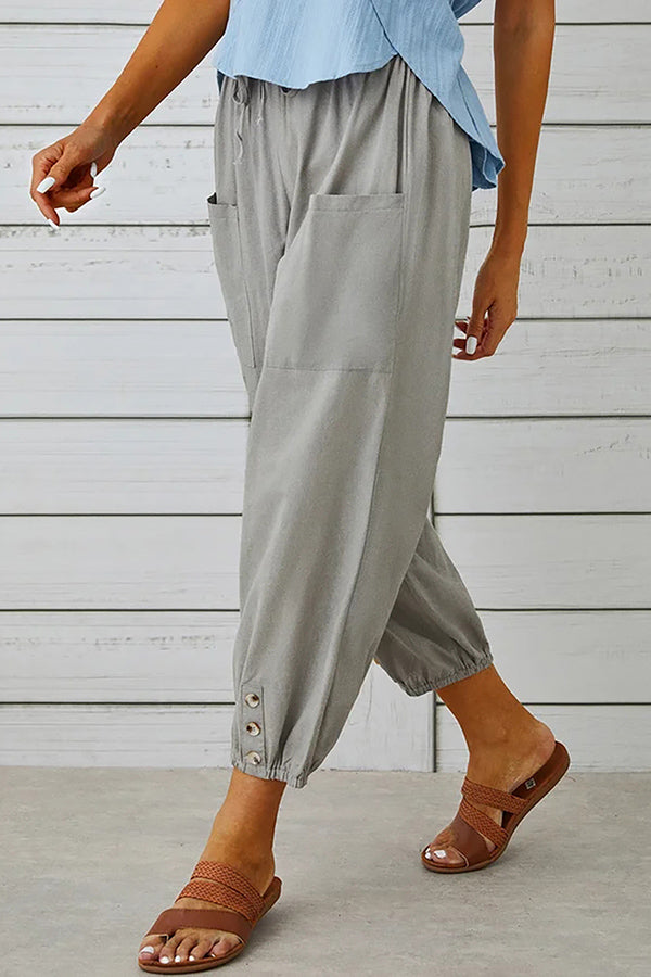 Tatum Linen Blend Elastic Waist Pocketed Button Hem Pants