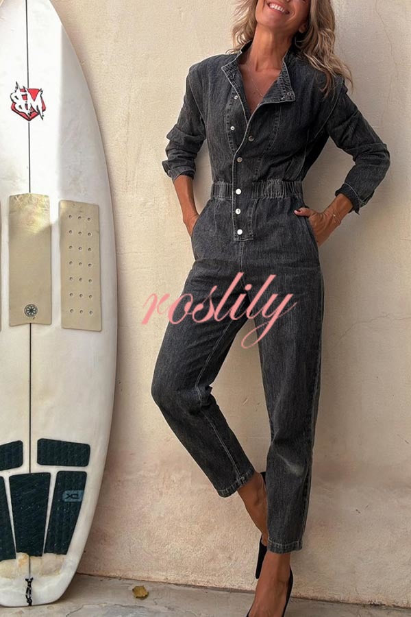 Carey Denim Button Up Long Sleeve Elastic Waist Pocketed Loose Jumpsuit