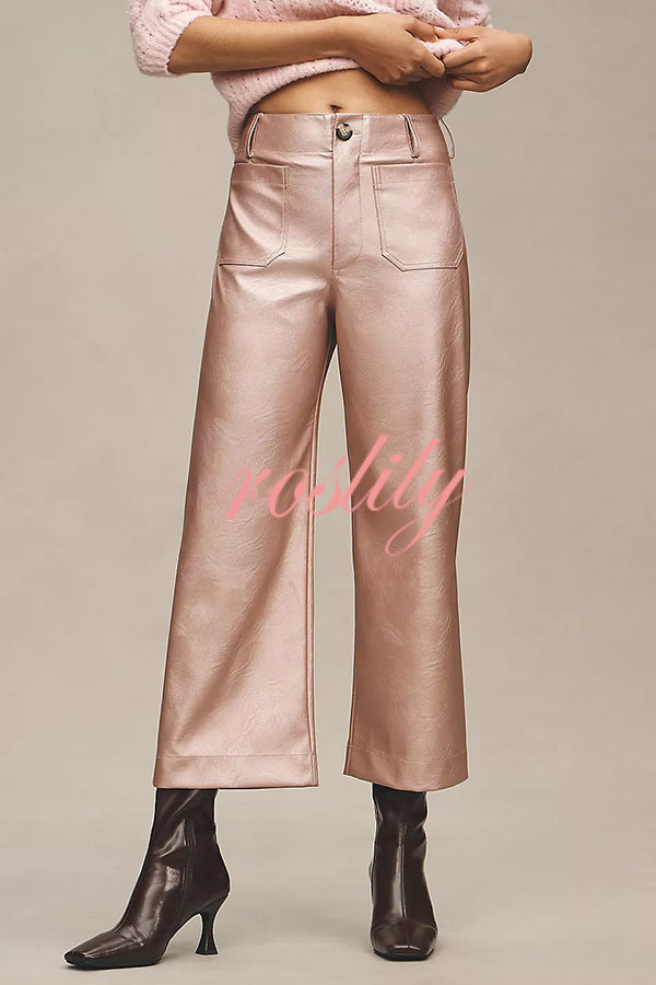 Colette Metallic Faux Leather Pocket Cropped Wide Leg Stretch Pants