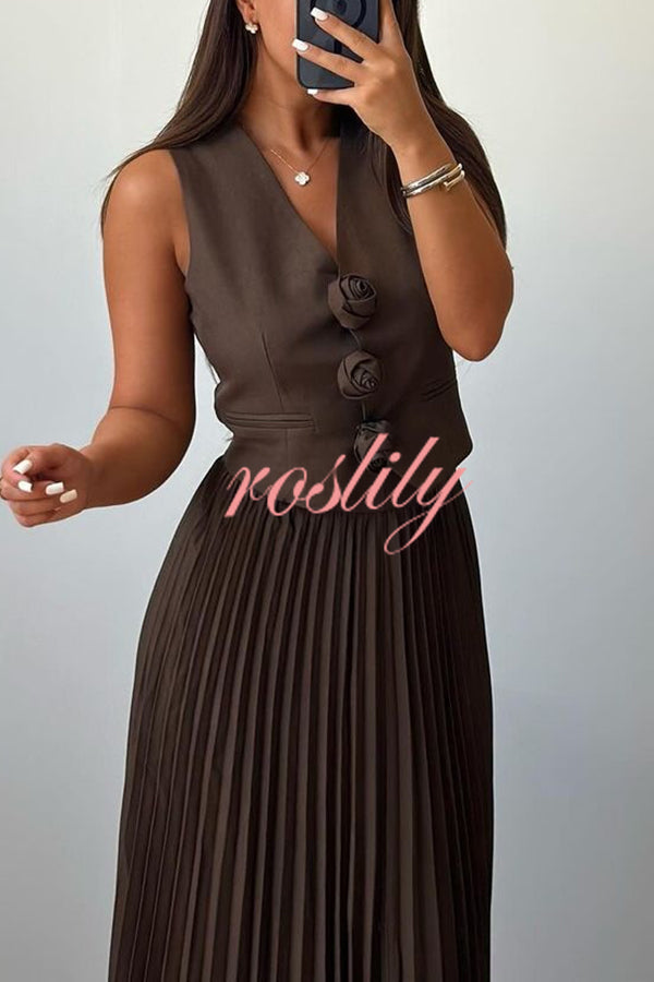 Stylish Rosette Sleeveless Tank Top and Pleated Maxi Skirt Set