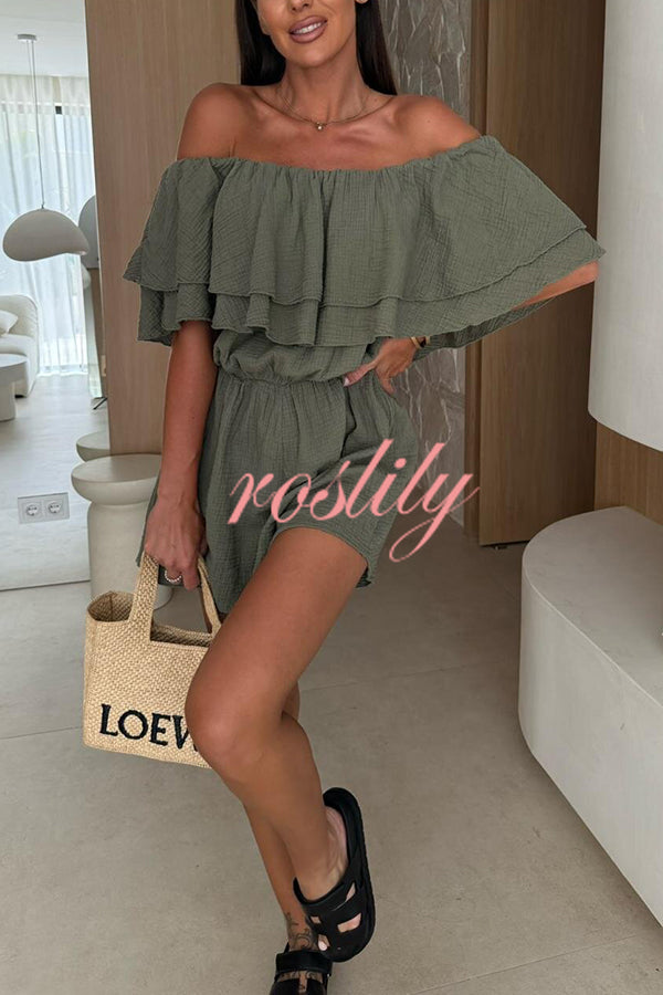 Solid Color Off-shoulder Ruffled Casual Waist Rompers
