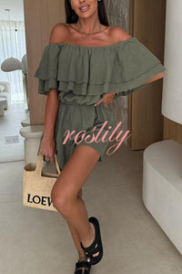 Solid Color Off-shoulder Ruffled Casual Waist Rompers