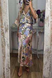 Satin Floral Print V-neck Half-sleeve Loose Top and Elegant Maxi Skirt Set
