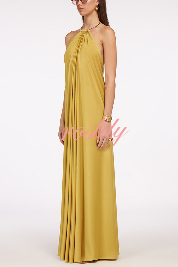 Solid Color Resort Style Halter Neck Open Back Large Hem Maxi Dress