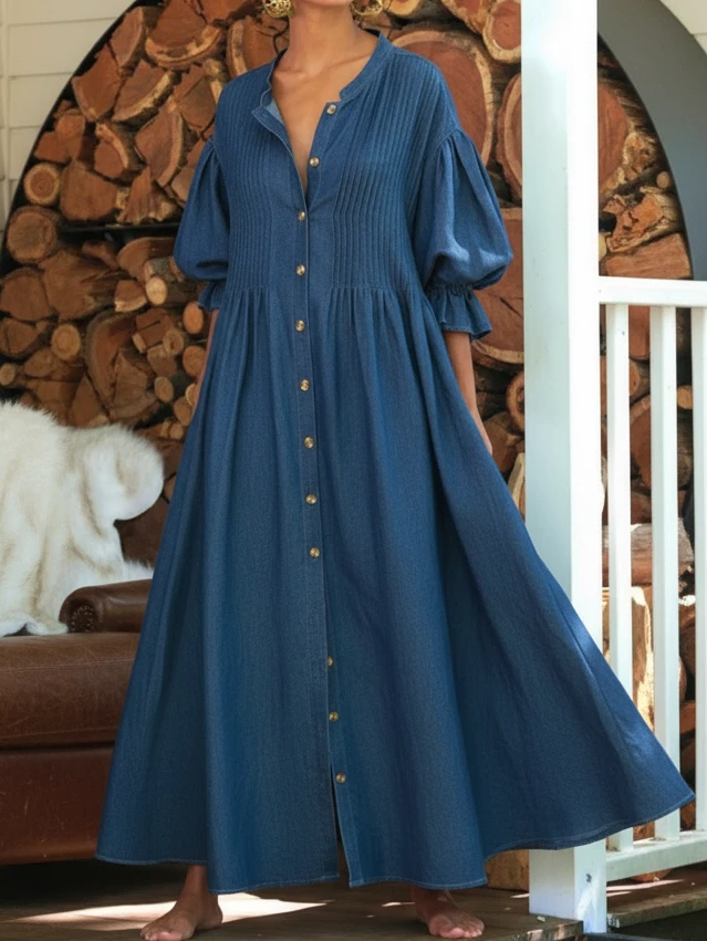 V-neck Pleated Denim Dress With Puff Sleeves
