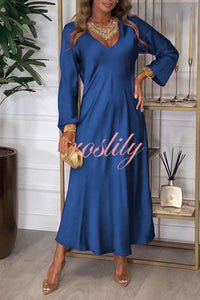 Solid Color V-neck Long-sleeved Loose Draped Maxi Dress