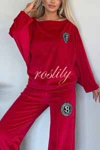 Solid Color Velvet Round Neck Bat Sleeve Casual Top and Elastic Waist Loose Pocket Pants Set