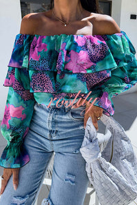 Colorful Botanical Print Sexy Off-shoulder Ruffle Top