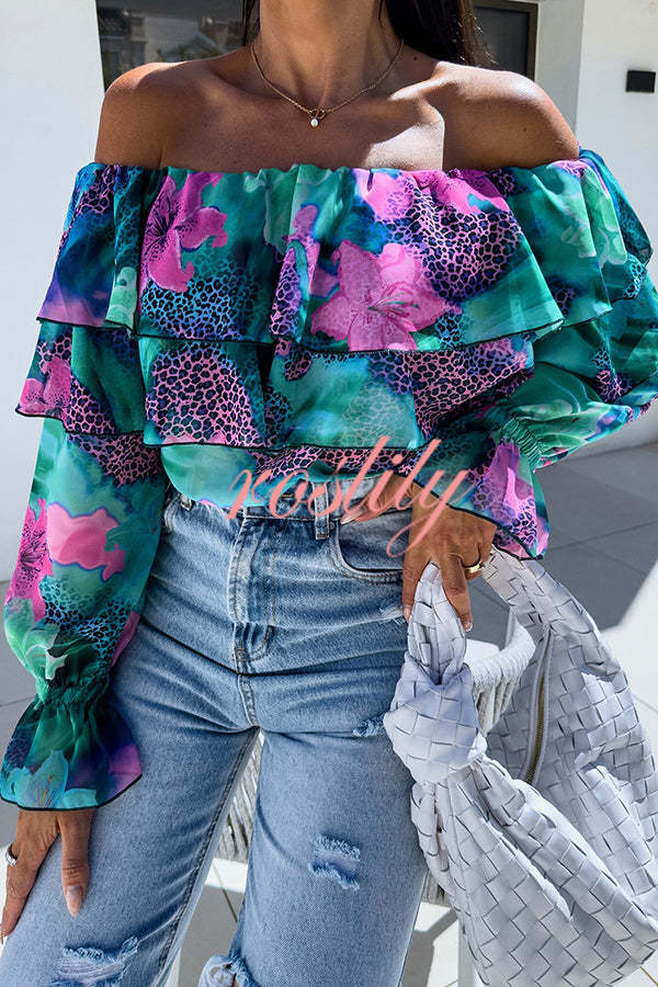 Colorful Botanical Print Sexy Off-shoulder Ruffle Top