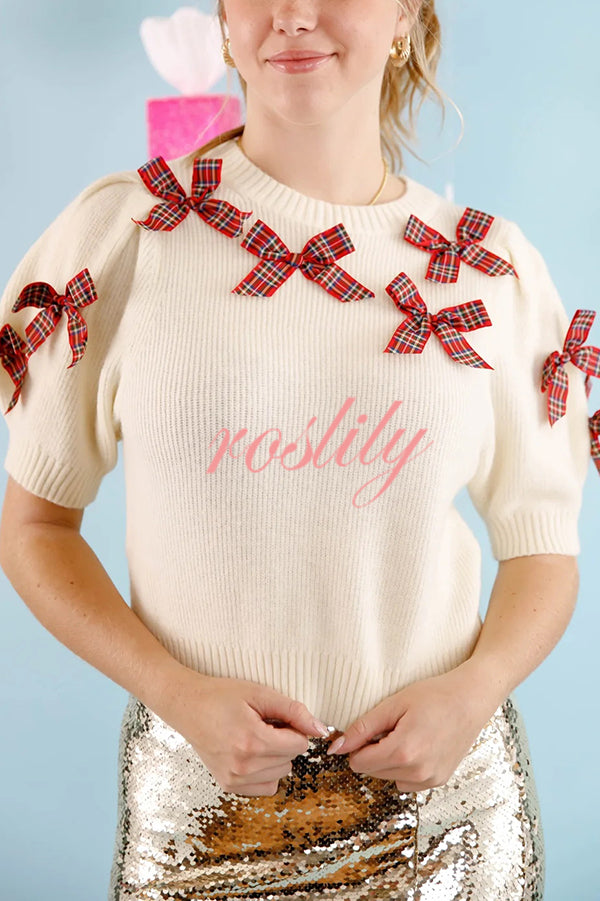 Fashion Bow Decorated Round Neck Short Sleeve Knitted Sweater