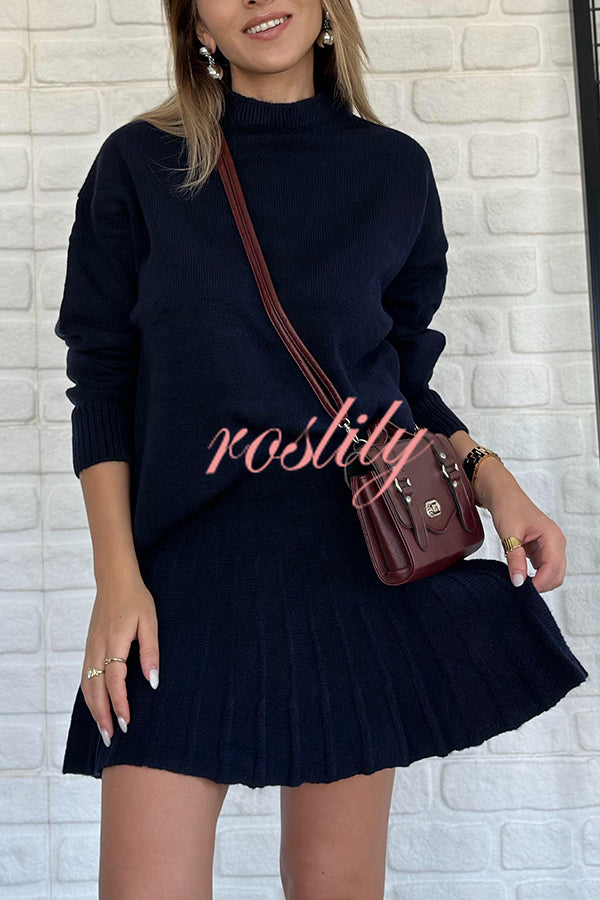 Solid Color Casual Preppy Knit Top and Knit Stretch Pleated Mini Skirt Set