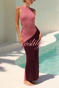 Sunday At The Beach Knit Color Block Sexy Hollow Lace-up Cover-up Maxi Dress