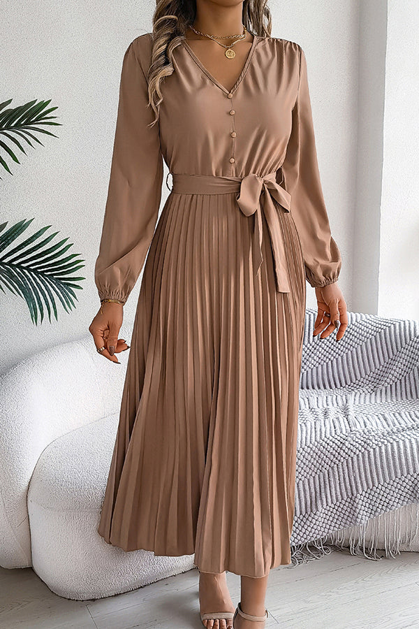 Solid Color Elegant V-neck Buttoned Lace-up Pleated Maxi Dress